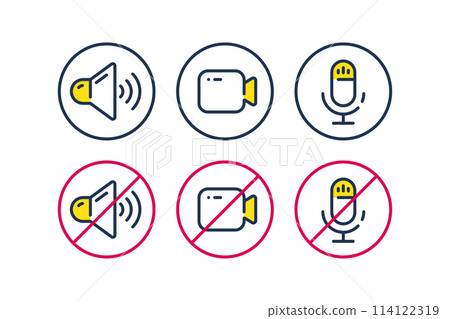 Speaker, mic and video camera line icons. Video conference, webinar and podcast icon. Mute audio, record microphone and video chat. UI line sound, mic and webinar buttons. Vector 114122319