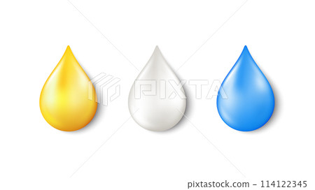 3d drop of oil, water and cream on white background. Golden drop honey, liquid omega vitamin and milk droplet. Liquid oil fuel, serum blob and white cream. 3d blue water drop. Vector 114122345