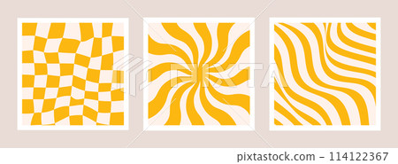 Abstract groovy backgrounds set. Hippie backdrops. Y2k aesthetic. Twisted design in yellow colors. Retro psychedelic vector illustration. Checkered, waves, swirl patterns Abstract groovy backgrounds set. Hippie backdrops. Y2k aesthetic. Twisted design in yellow colors. Retro psychedelic vector illustration. Checkered, waves, swirl patterns 114122367
