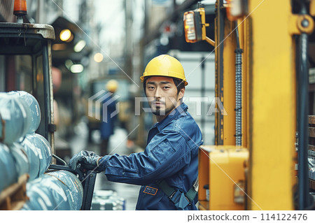 AI-generated image: A young worker driving a forklift 114122476