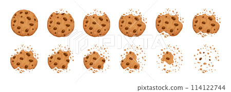 Bitten chocolate chip cookie. Crunch homemade brown biscuits broken with crumbs. Cartoon baked round choco cookies bite animation vector set. Illustration animation disappear choco crumb piece bakery Bitten chocolate chip cookie. Crunch homemade brown biscuits broken with crumbs. Cartoon baked round choco cookies bite animation vector set. Illustration animation disappear choco crumb piece bakery 114122744