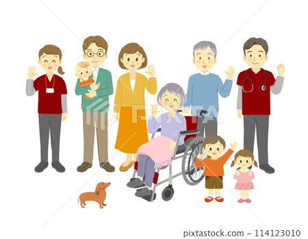 一個三代家庭一起揮手：坐在輪椅上的祖母、她兒子的家人、她的孫子、一隻小狗和來訪的護理人員。 114123010