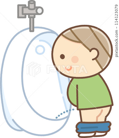 Boy relieving himself at a urinal 114123079