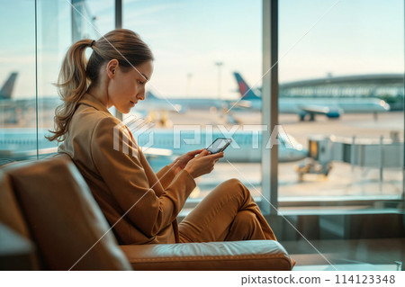 A woman who operates a smartphone at the airport 114123348