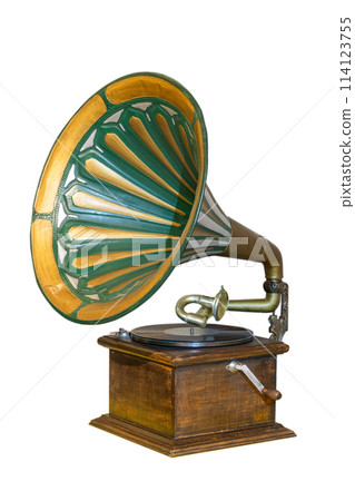 vintage gramophone with vinyl disc isolated on white background 114123755