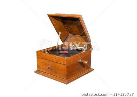 vintage gramophone with vinyl disc isolated on white background vintage gramophone with vinyl disc isolated on white background 114123757