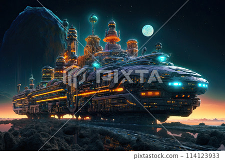 Massive detailed intergalactic futuristic spaceship, Sci Fi illustration 114123933