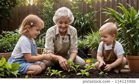 AI Generated Grandmother and Grandchildren Enjoying Gardening on a Sunny Day AI Generated Grandmother and Grandchildren Enjoying Gardening on a Sunny Day 114123986