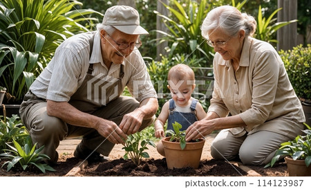 AI Generated Image of Grandparents with Baby Granddaughter Gardening Together 114123987