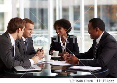 A group of business people are sitting around a table having a meeting A group of business people are sitting around a table having a meeting 114124236