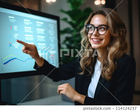 A woman is smiling at her computer monitor on a desk A woman is smiling at her computer monitor on a desk 114124237