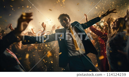 A cool man in sunglasses and tie gestures to crowd A cool man in sunglasses and tie gestures to crowd 114124239