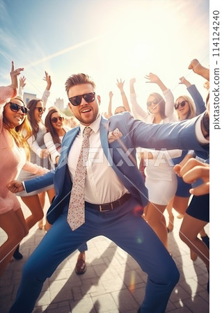 A cool man in sunglasses and tie gestures to crowd A cool man in sunglasses and tie gestures to crowd 114124240