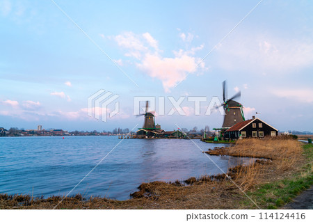 Dutch city early one morning whit sunrise Dutch city early one morning whit sunrise 114124416