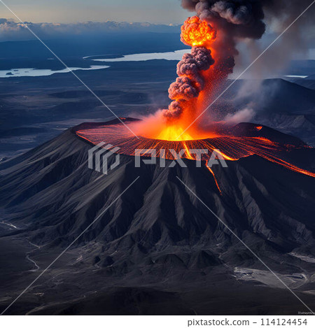 Lava spewing from volcano, creating dramatic landscape against sky with clouds 114124454