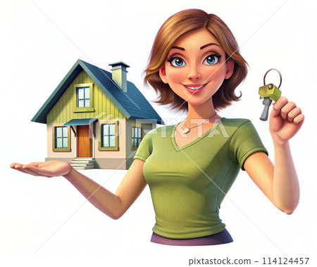 A woman with a big smile holds a key in front of a cartoon house A woman with a big smile holds a key in front of a cartoon house 114124457