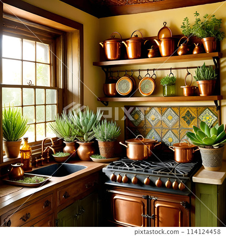 Copper pots and pans adorn the stove in the kitchen 114124458