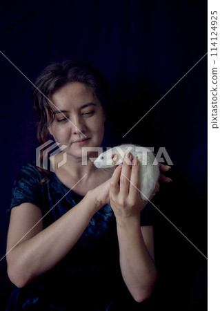 a husky dumbo rat cuddles with its owner 114124925