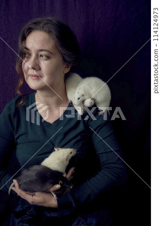 the woman holds all her five rats in her hands the woman holds all her five rats in her hands 114124973