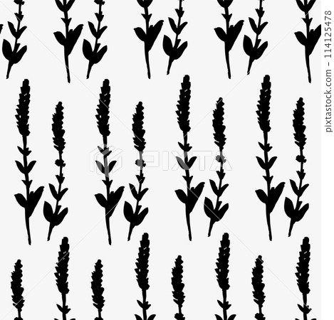 Seamless pattern of lavender flowers. Black abstract lavander silhouettes. Monochrome pattern with hand drawn leaves and blooms. Brush painted herbs, botanical motif. 114125478