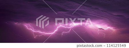 Bright Lightning On Purple Night Sky During Hunderstorm Bright Lightning On Purple Night Sky During Hunderstorm 114125549