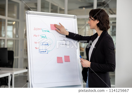 Happy young female business woman showing her presentation Happy young female business woman showing her presentation 114125667