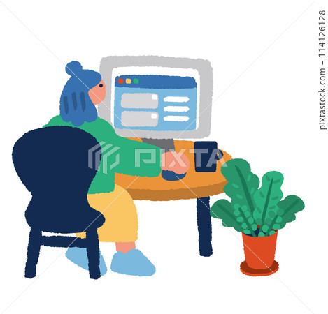 一名婦女在家使用電腦工作的簡單插圖 114126128