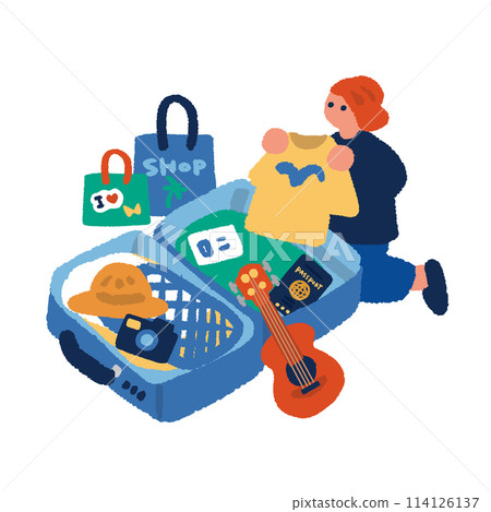 Illustration of an open trunk and a woman preparing to travel Illustration of an open trunk and a woman preparing to travel 114126137