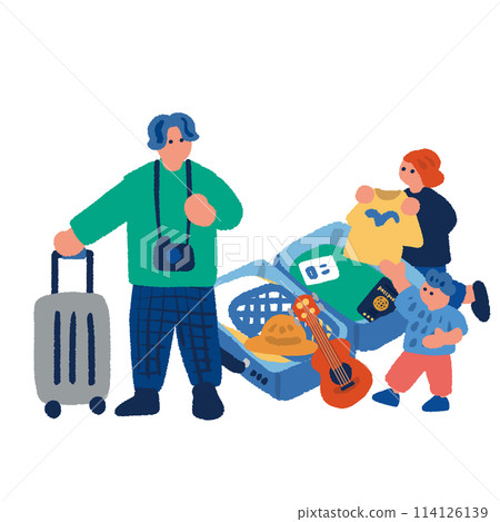 Illustration of an open trunk and a family preparing to travel Illustration of an open trunk and a family preparing to travel 114126139
