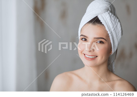 Spa Woman. Attractive woman feeling her skin smooth and well-groomed after bath. Spa Woman. Attractive woman feeling her skin smooth and well-groomed after bath. 114126469