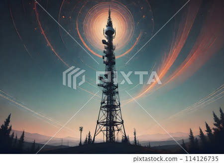 Dramatic and ominous scene featuring a large communication tower amidst a stormy sky, with multiple satellite dishes and antennas, surrounded by ethereal blue light trails that spiral upwards, Dramatic and ominous scene featuring a large communication tower amidst a stormy sky, with multiple satellite dishes and antennas, surrounded by ethereal blue light trails that spiral upwards, 114126735