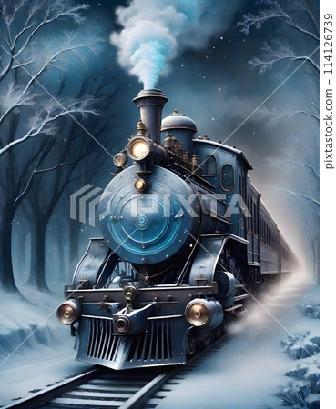 Blue steam locomotive traveling on tracks through a snowy landscape at night, with a plume of smoke, giving an ethereal glow against the dark sky, Generative AI. 114126739
