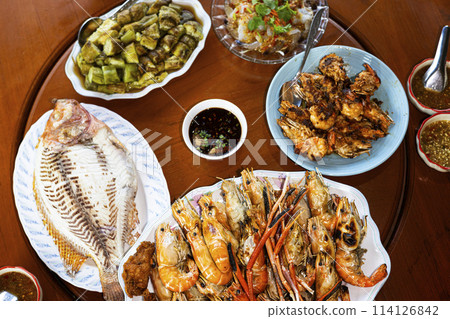 Top view many food on the table. Thai food. Thai foods background 114126842