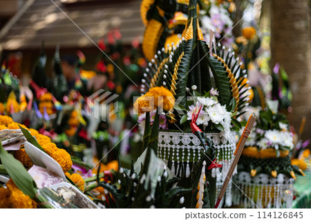 The Naga offering made from banana leaves and decorated with flowers at Udon Thani Province, Thailand. 114126845