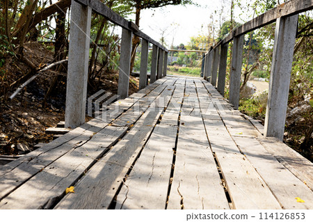 Wood bridge going over a river in a city park. Deserted Wooden Boardwalk Leading Away Through. Wood bridge going over a river in a city park. Deserted Wooden Boardwalk Leading Away Through. 114126853