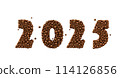 Happy 2025 Year. Holiday made of chocolate bubbles, milk chocolate concept, 3d illustration 114126856