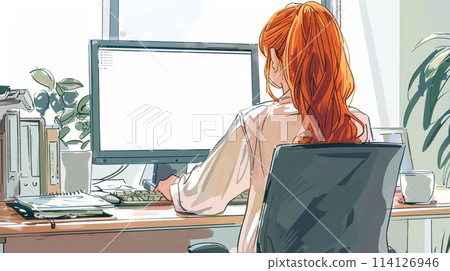 Woman working on a computer, back view 114126946