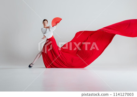 In moment of pure flamenco artistry, female dancer in vibrant red dress and fan, performing flamenco with elegance against grey studio background In moment of pure flamenco artistry, female dancer in vibrant red dress and fan, performing flamenco with elegance against grey studio background 114127003