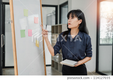 Businesswoman using sticky notes for brainstorming and organizing tasks on a whiteboard in a bright office space. Businesswoman using sticky notes for brainstorming and organizing tasks on a whiteboard in a bright office space. 114127035