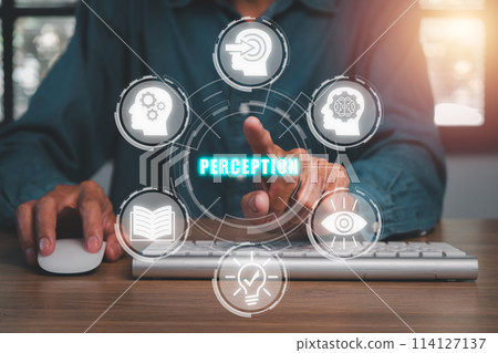 Perception concept, Businessman hand touching perception icon on virtual screen. Perception concept, Businessman hand touching perception icon on virtual screen. 114127137
