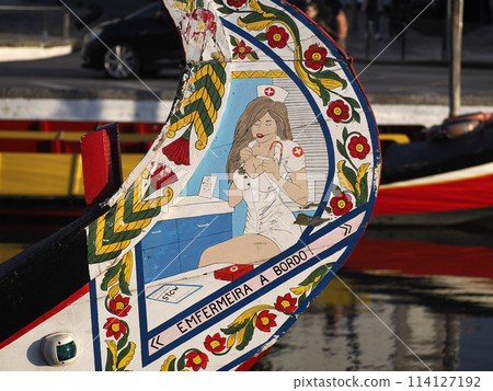 Aveiro Moliceiro boat gondola detail Traditional boats on the canal, Portugal. 114127192