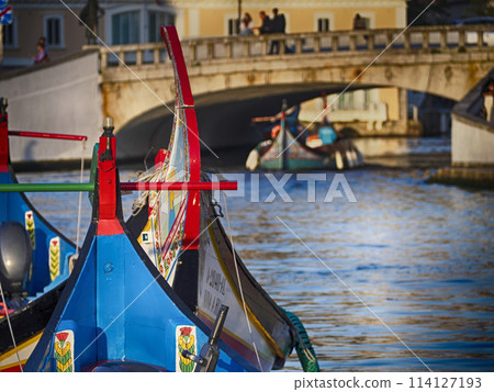 Aveiro Moliceiro boat gondola detail Traditional boats on the canal, Portugal. 114127193