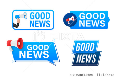 Good news text with Megaphone label set. Megaphone in hand promotion banner. Marketing and advertising 114127258