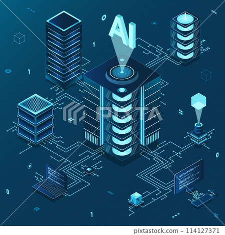 Isometric artificial intelligence technology. Isometric cloud computing concept. Artificial intelligence neural network future technology. Server computers 114127371