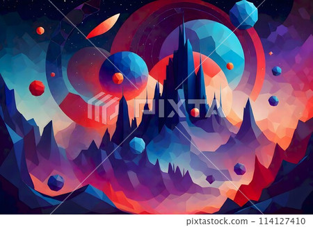 Surreal landscape of geometric shapes and vibrant colors, symbolizing exploration and wonder, Generative AI. 114127410