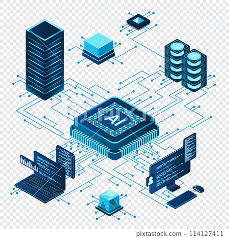 Isometric artificial intelligence chip concept. Artificial Intelligence server. Futuristic microchip processor. Isometric cloud computing. Vector illustration 114127411