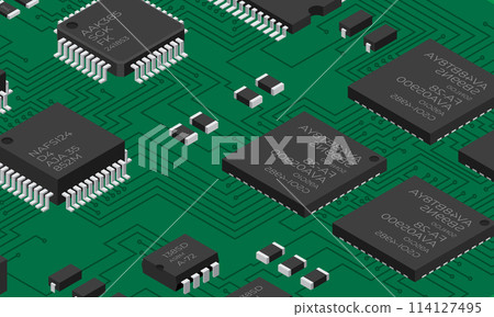 Isometric electronic board. Isometric printed circuit board with electronic components. Electronic components and integrated circuit board Isometric electronic board. Isometric printed circuit board with electronic components. Electronic components and integrated circuit board 114127495