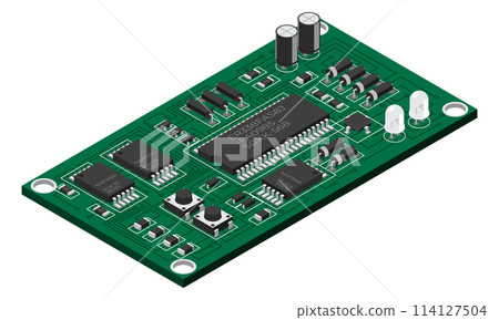 Isometric electronic board. Isometric printed circuit board with electronic components. Electronic components and integrated circuit board Isometric electronic board. Isometric printed circuit board with electronic components. Electronic components and integrated circuit board 114127504