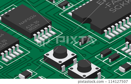 Isometric electronic board. Isometric printed circuit board with electronic components. Electronic components and integrated circuit board 114127507