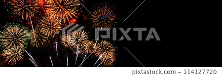 Banner Golden Firework celebrate anniversary happy new year 2024, 4th of july holiday festival. colorful gold firework celebrate national holiday. Banner new year 2024 party time with copy space 114127720